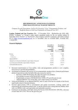 Rhythmone Plc Announces Unaudited First Half Financial Year 2017 Results