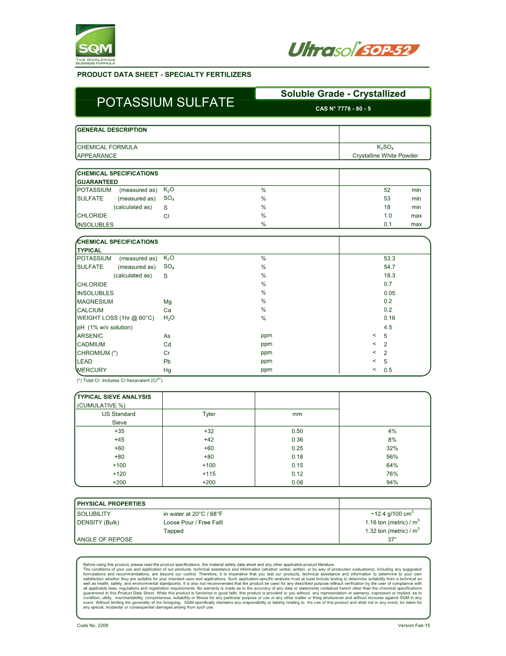 Potassium Sulfate Cas N° 7778 - 80 - 5