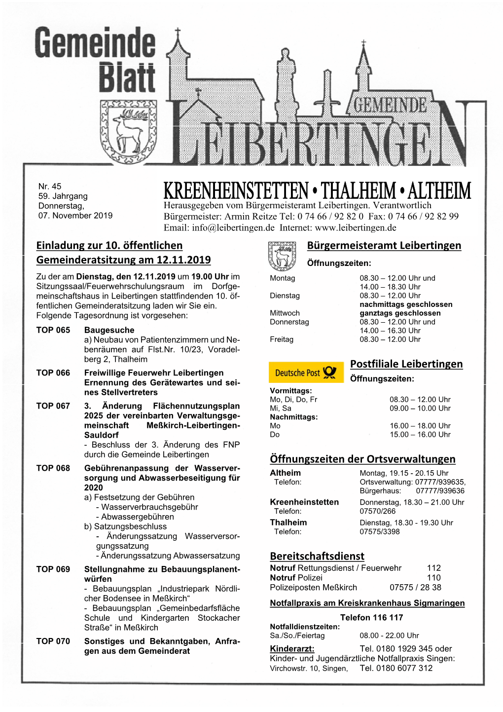 Einladung Zur 10. Öffentlichen Gemeinderatsitzung Am 12.11.2019