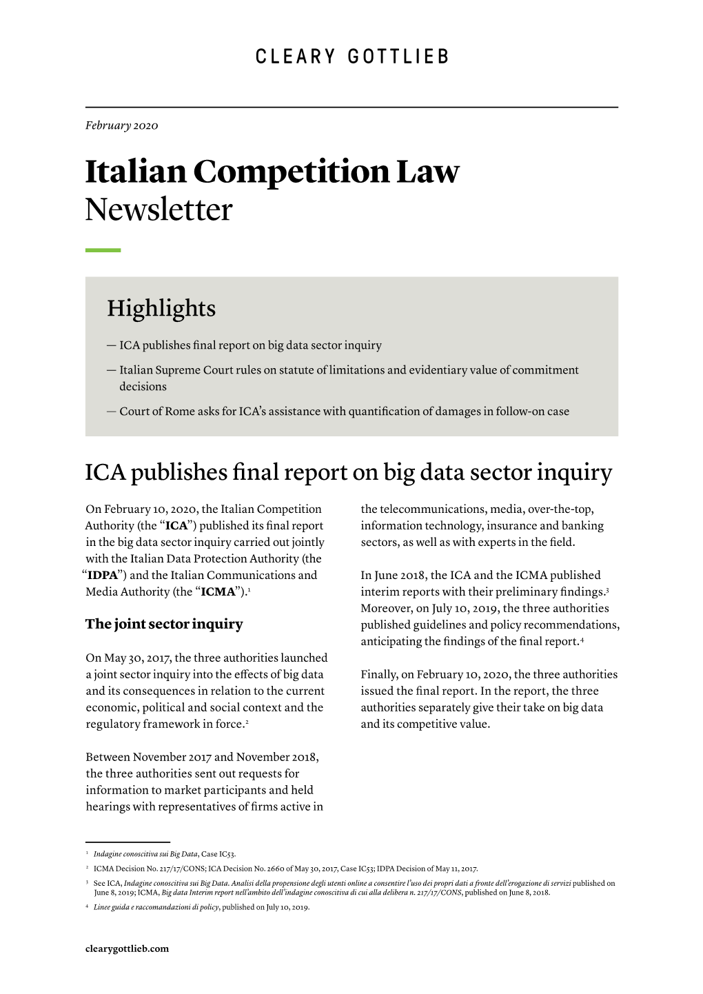 Italian Competition Law Newsletter — Highlights