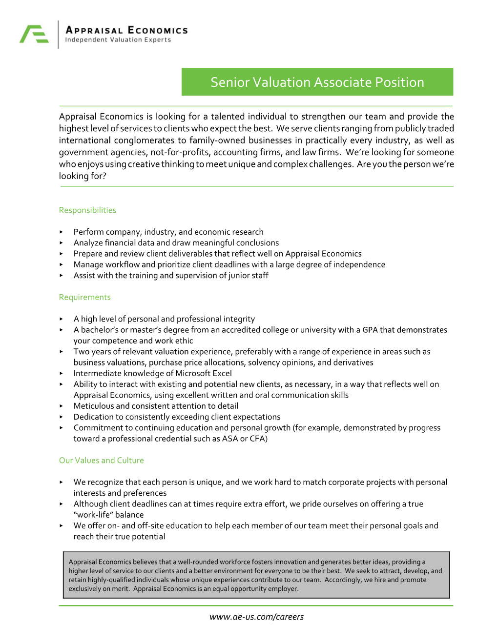 Senior Valuation Associate Position