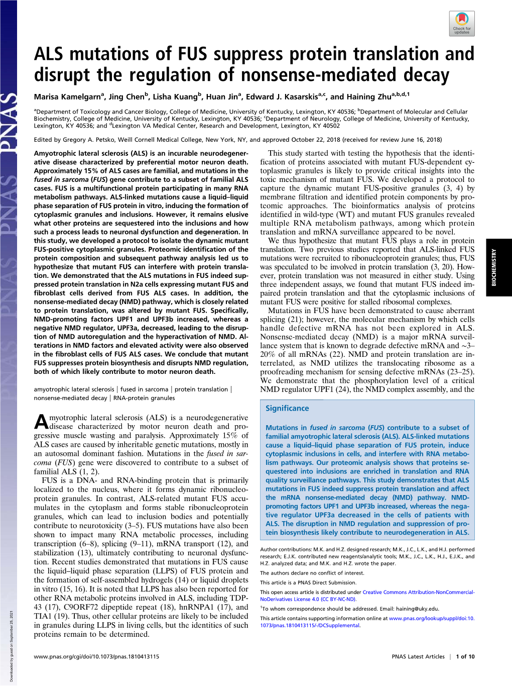 ALS Mutations of FUS Suppress Protein Translation and Disrupt the Regulation of Nonsense-Mediated Decay