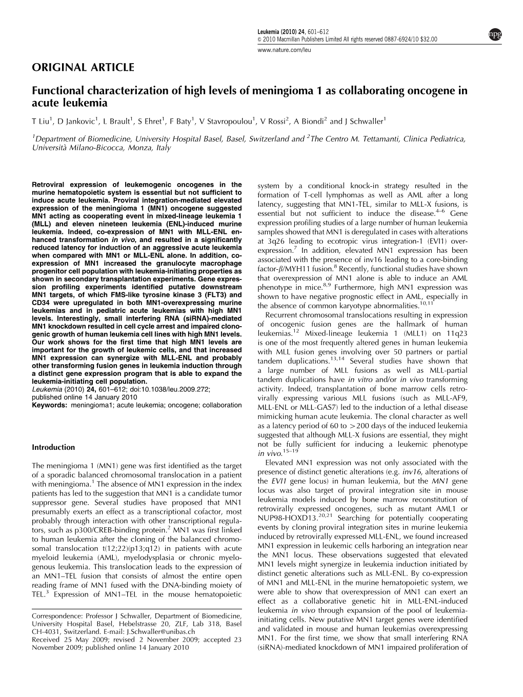 Functional Characterization of High Levels of Meningioma 1 As Collaborating Oncogene in Acute Leukemia