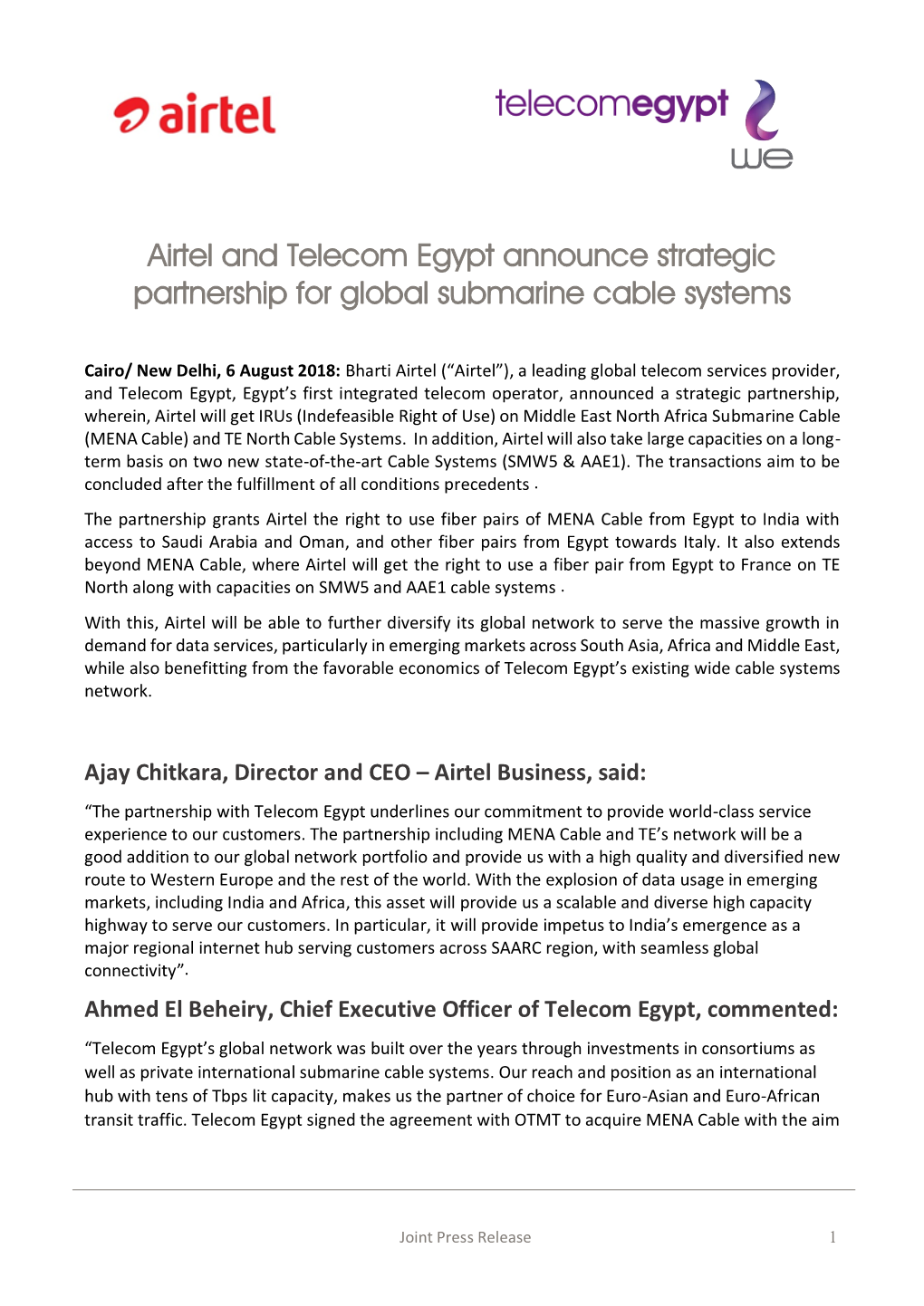 Airtel and Telecom Egypt Announce Strategic Partnership for Global Submarine Cable Systems