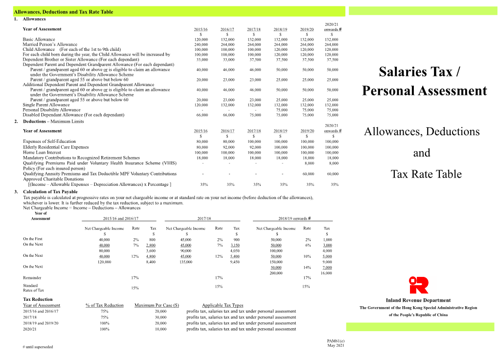 Allowances, Deductions and Tax Rate Table 1