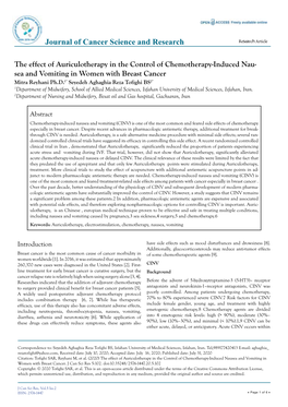 The Effect of Auriculotherapy in the Control of Chemotherapy-Induced Nausea and Vomiting in Receivedwomen Date: with Maybreast 07, Cancer