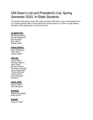 University of Montana Dean's List and President's List