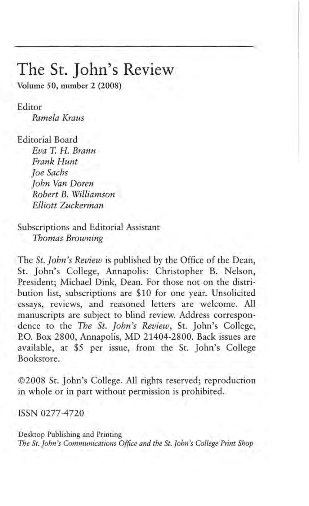 The St. John's Review Volume 50, Number 2 (2008)