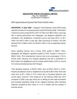 SINGAPORE PRESS HOLDINGS LIMITED SPH Reports