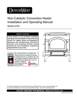 Non-Catalytic Convection Heater Installation and Operating Manual Model 2478