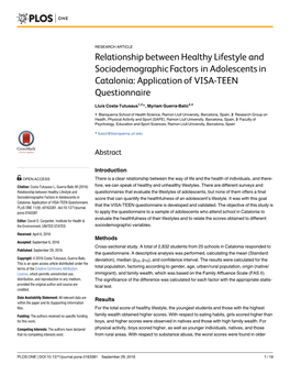 Relationship Between Healthy Lifestyle and Sociodemographic Factors in Adolescents in Catalonia: Application of VISA-TEEN Questionnaire