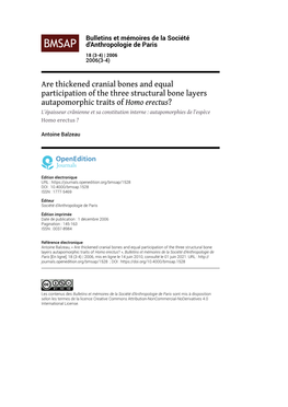 Homo Erectus? L’Épaisseur Crânienne Et Sa Constitution Interne : Autapomorphies De L’Espèce Homo Erectus ?