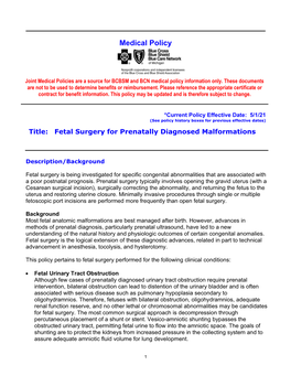 Fetal Surgery for Prenatally Diagnosed Malformations