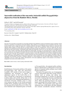 Successful Eradication of the Non-Native Loricariid Catfish Pterygoplichthys Disjunctivus from the Rainbow River, Florida