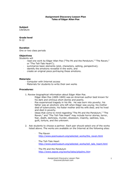 Assignment Discovery Lesson Plan Tales of Edgar Allen Poe Subject