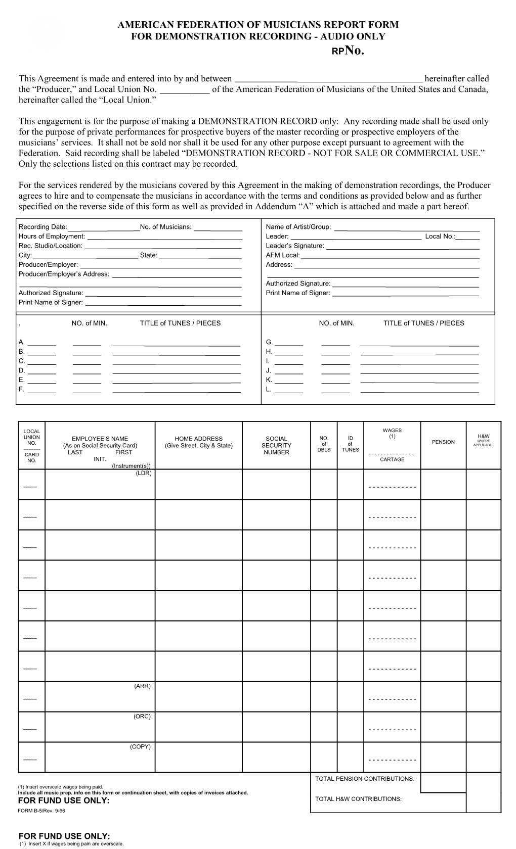 American Federation of Musicians Report Form