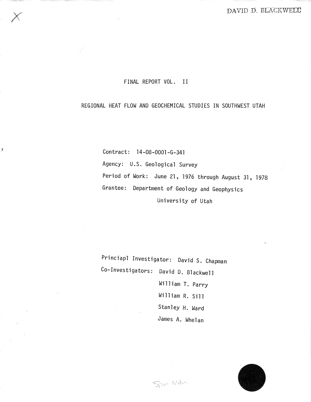 D. Final Report Vol. Ii Regional Heat Flow and Geochemical