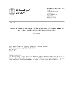 General Wille Unter Shitstorm: Niklaus Meienbergs «Wille Und Wahn» in Der Medien- Und Fachöffentlichkeit Der 1980Er-Jahre