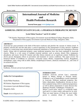 Godhuma (Triticum Sativum Lam.): a Pharmaco-Therapeutic Review