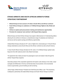Etihad Airways and South African Airways Forge Strategic Partnership
