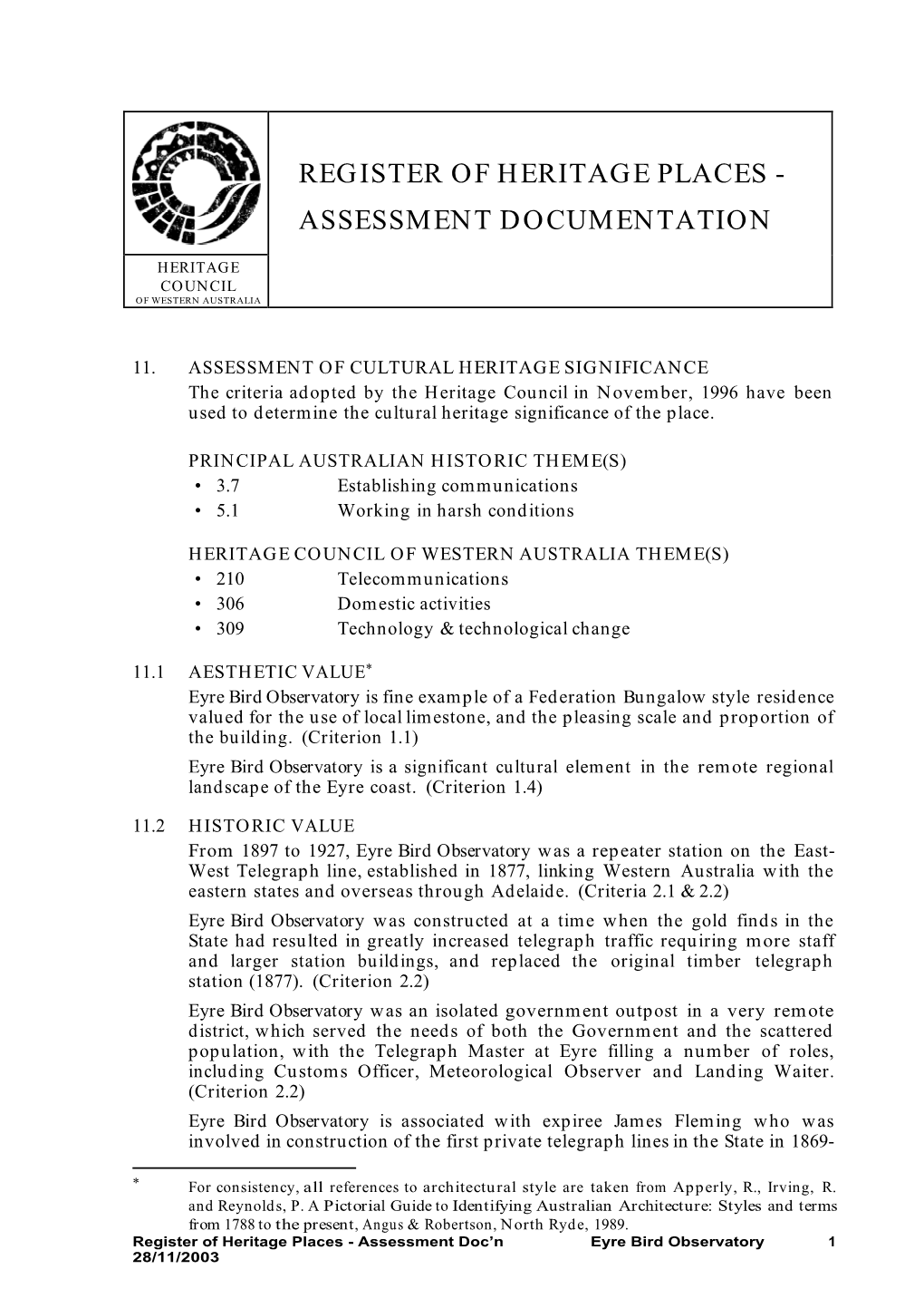 Register of Heritage Places - Assessment Documentation