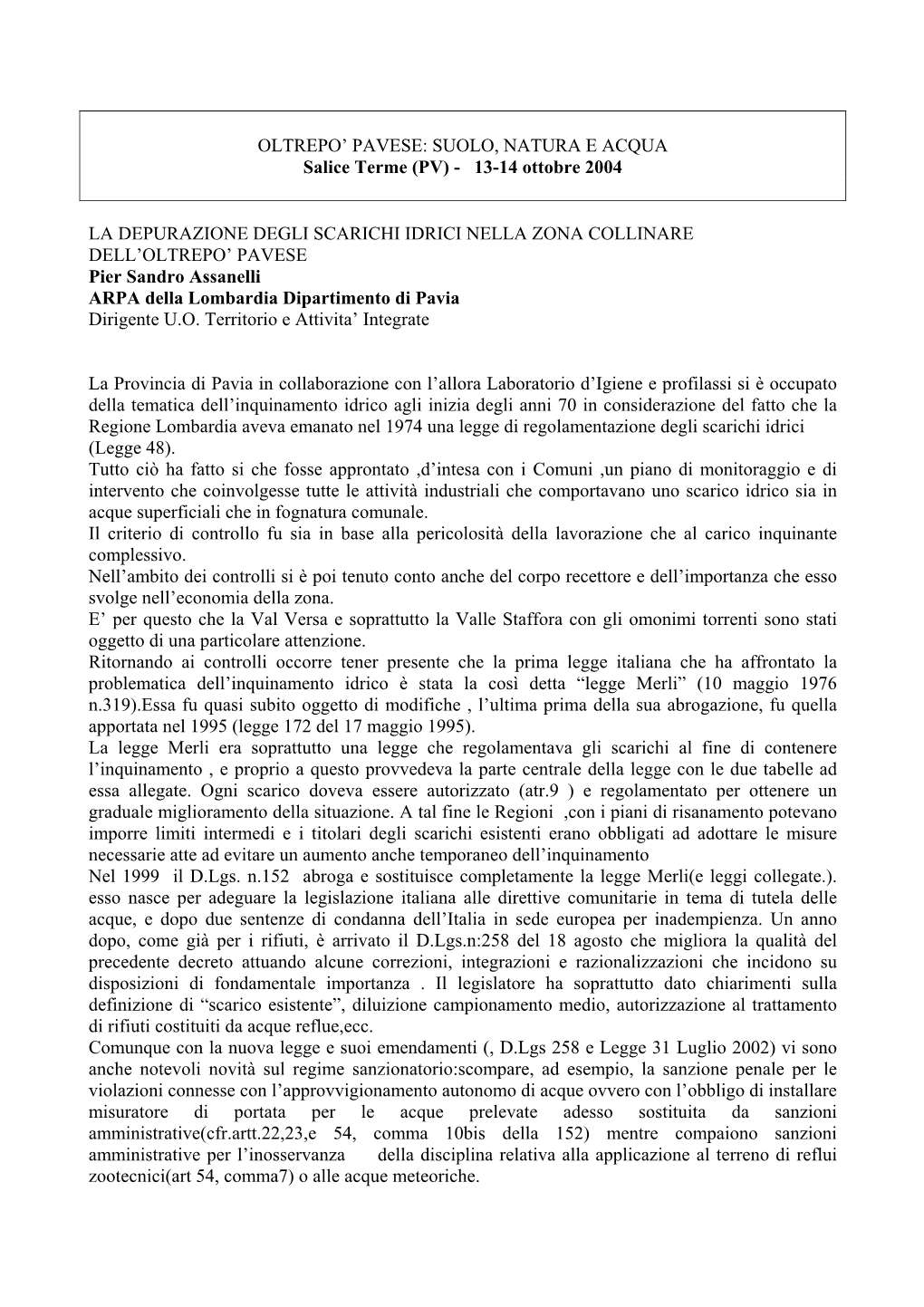 La Provincia Di Pavia in Collaborazione Con L'allora