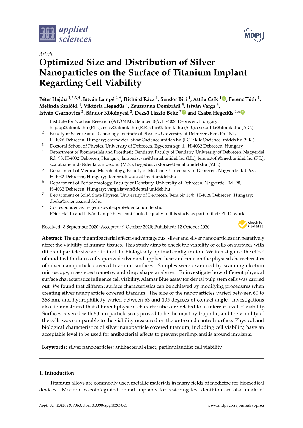 Optimized Size and Distribution of Silver Nanoparticles on the Surface of Titanium Implant Regarding Cell Viability