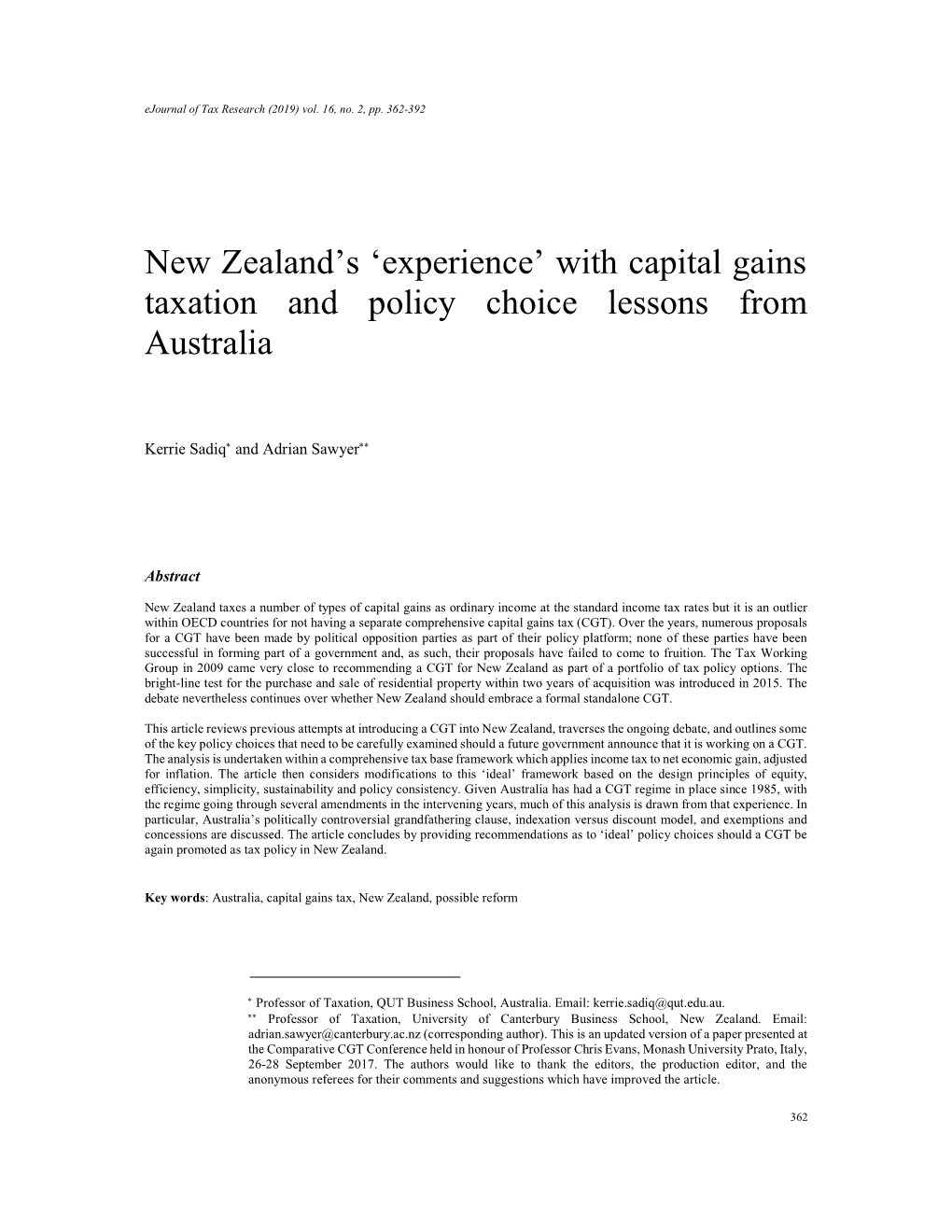 New Zealand's 'Experience' with Capital Gains Taxation and Policy