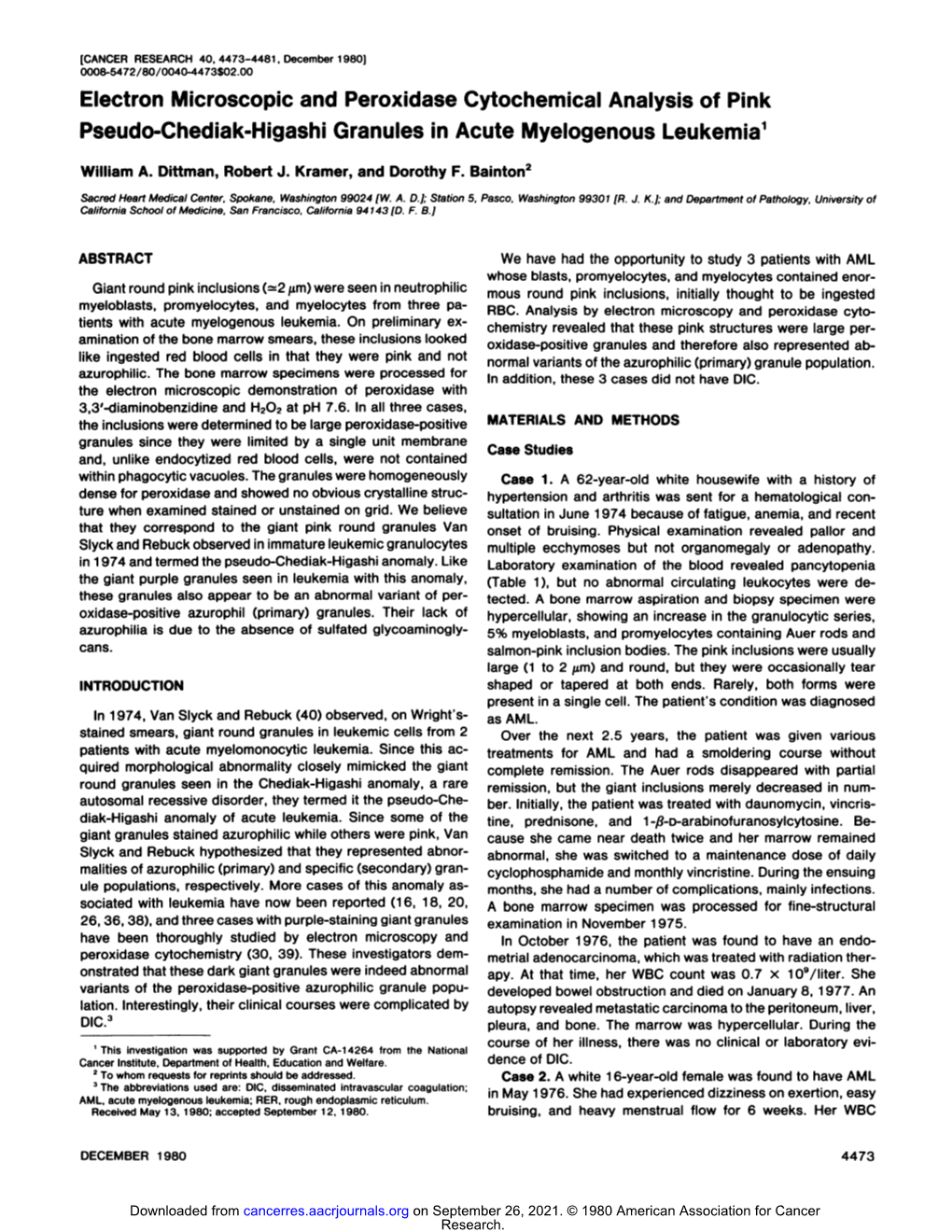 Electron Microscopic and Peroxidase Cytochemical Analysis of Pink Pseudo-Chediak-Higashi Granules in Acute Myelogenous Leukemia1