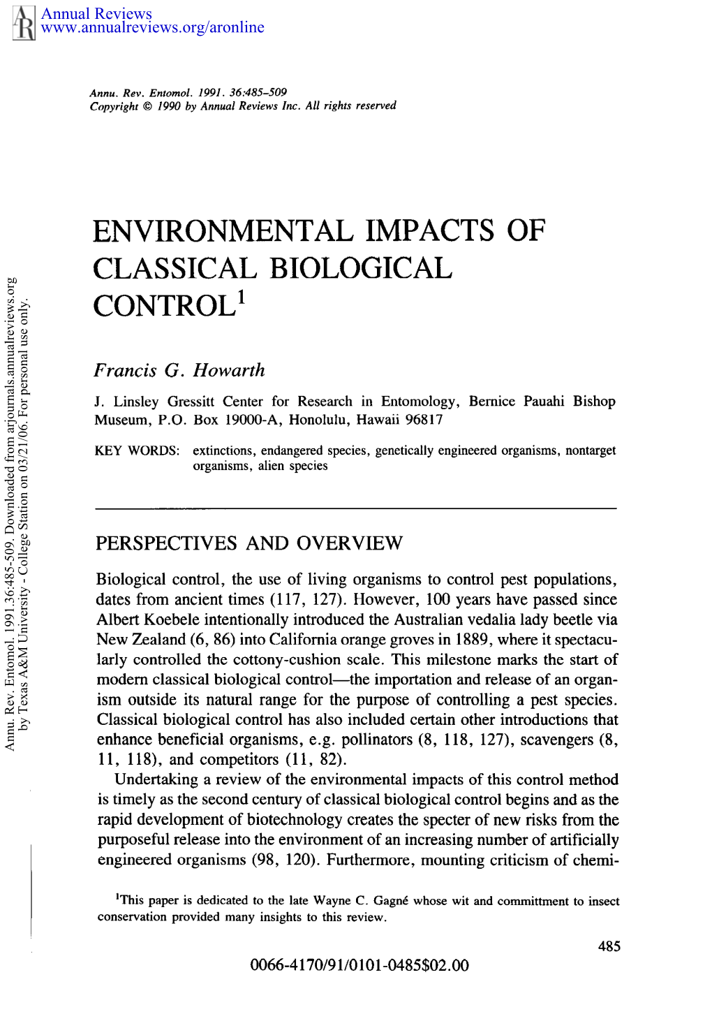 Environmental Impacts of Classical Biological Control