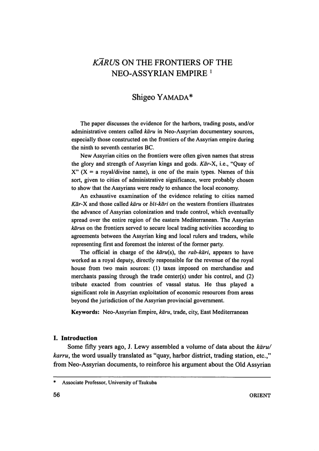 KARUS on the FRONTIERS of the NEO-ASSYRIAN EMPIRE I Shigeo