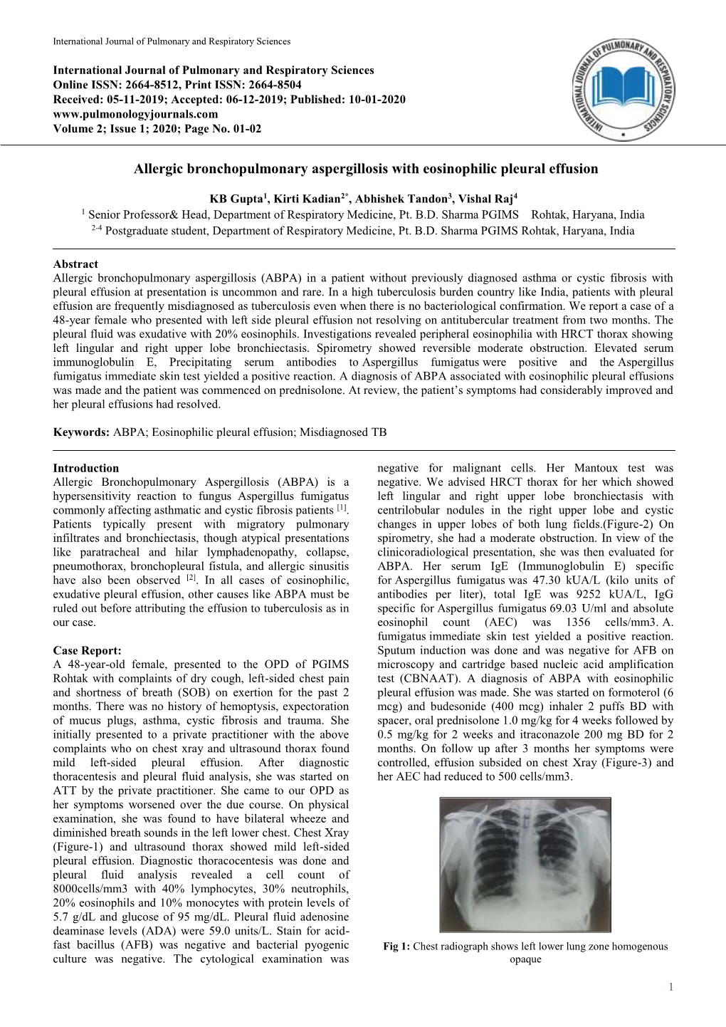 Allergic Bronchopulmonary Aspergillosis with Eosinophilic Pleural Effusion