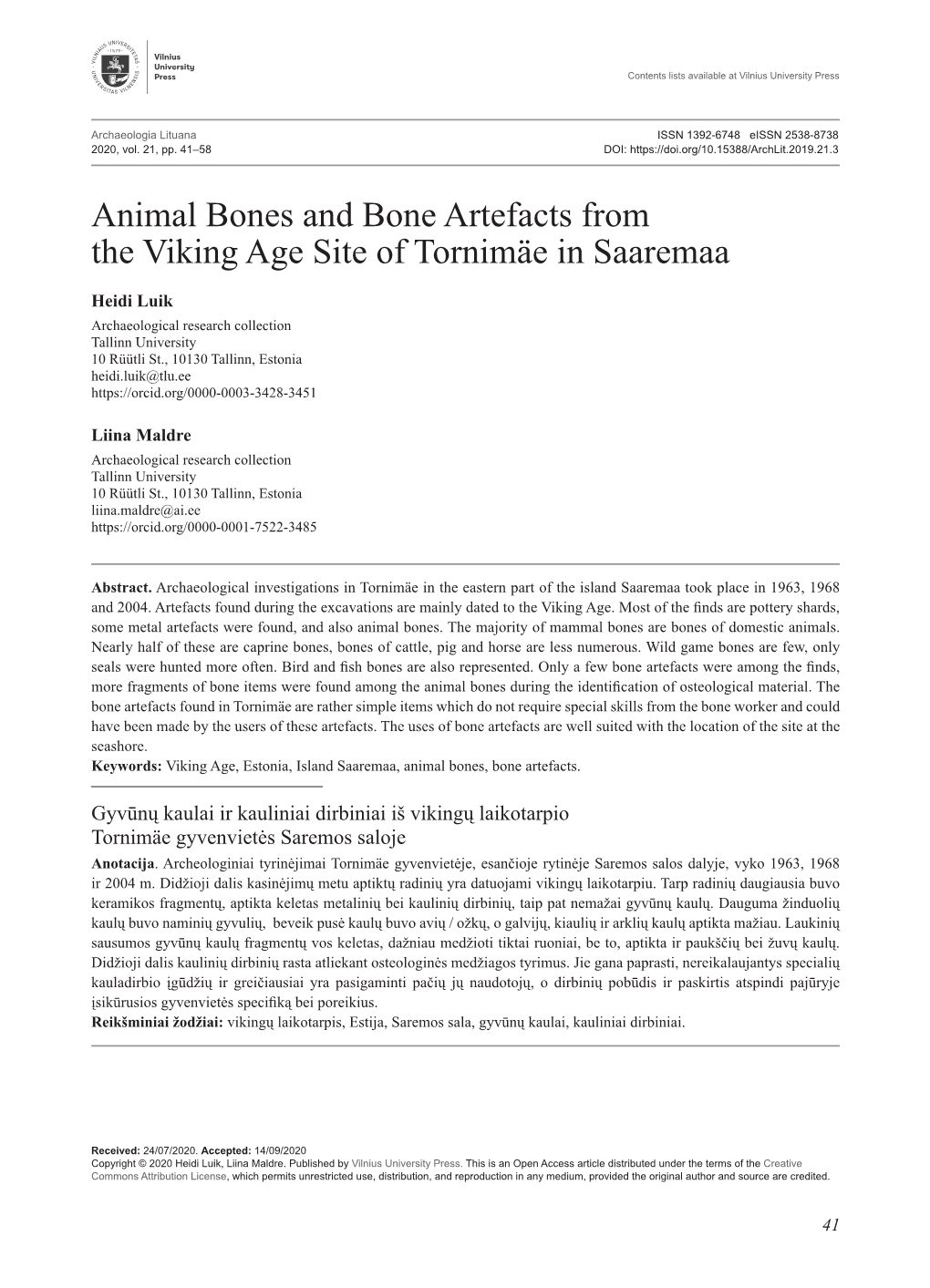 Animal Bones and Bone Artefacts from the Viking Age Site of Tornimäe in Saaremaa