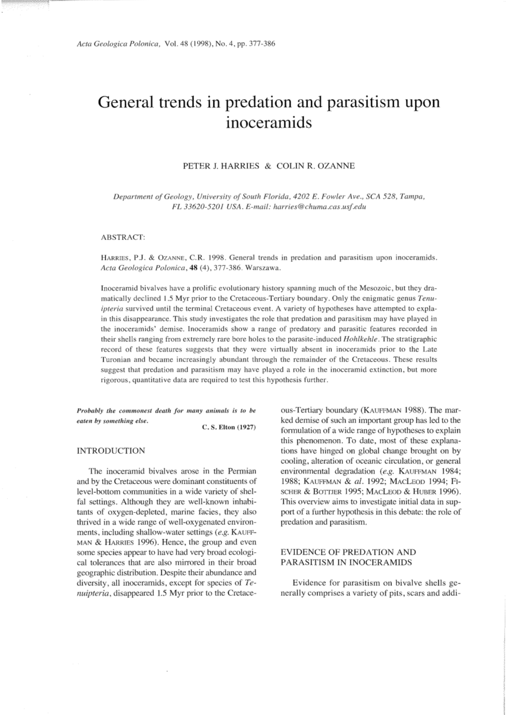 General Trends in Predation and Parasitism Upon Inoceramids