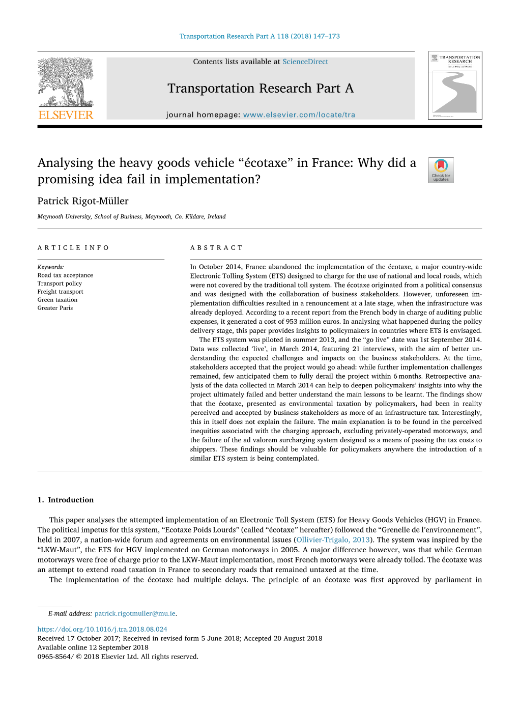 Analysing the Heavy Goods Vehicle “Écotaxe” in France: Why Did a Promising Idea Fail in Implementation? T