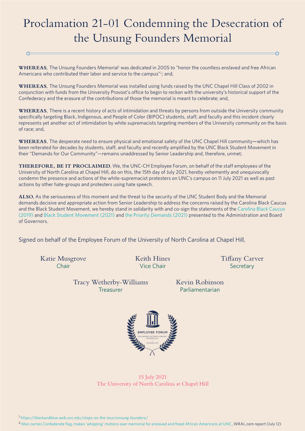 Proclamation 21-01 Condemning the Desecration of the Unsung Founders Memorial