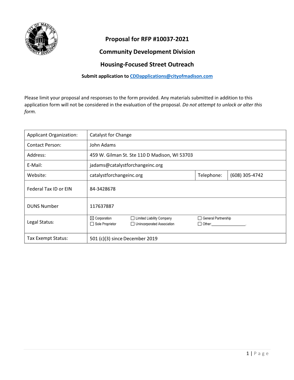 Proposal for RFP #10037-2021 Community Development Division Housing-Focused Street Outreach