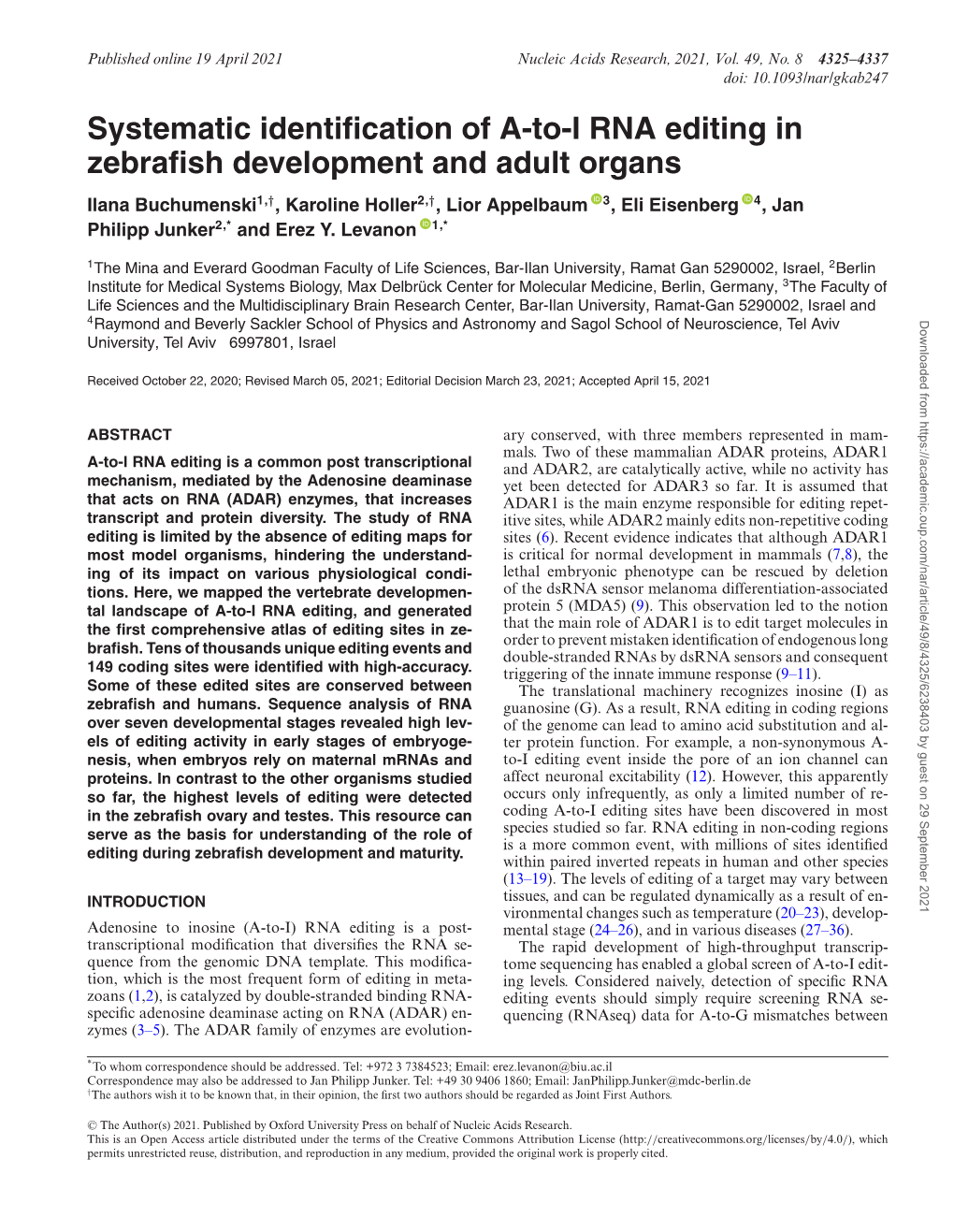 Systematic Identification of A-To-I RNA Editing in Zebrafish Development