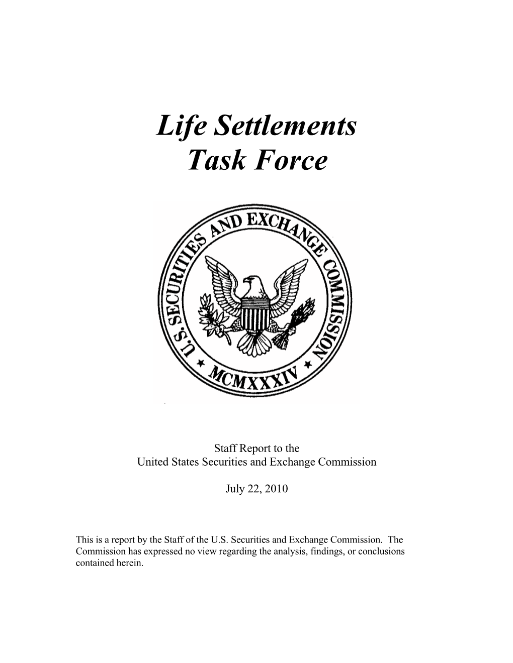 Life Settlements Task Force Staff Report