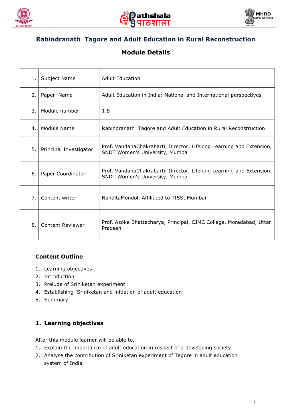 Rabindranath Tagore and Adult Education in Rural Reconstruction Module Details