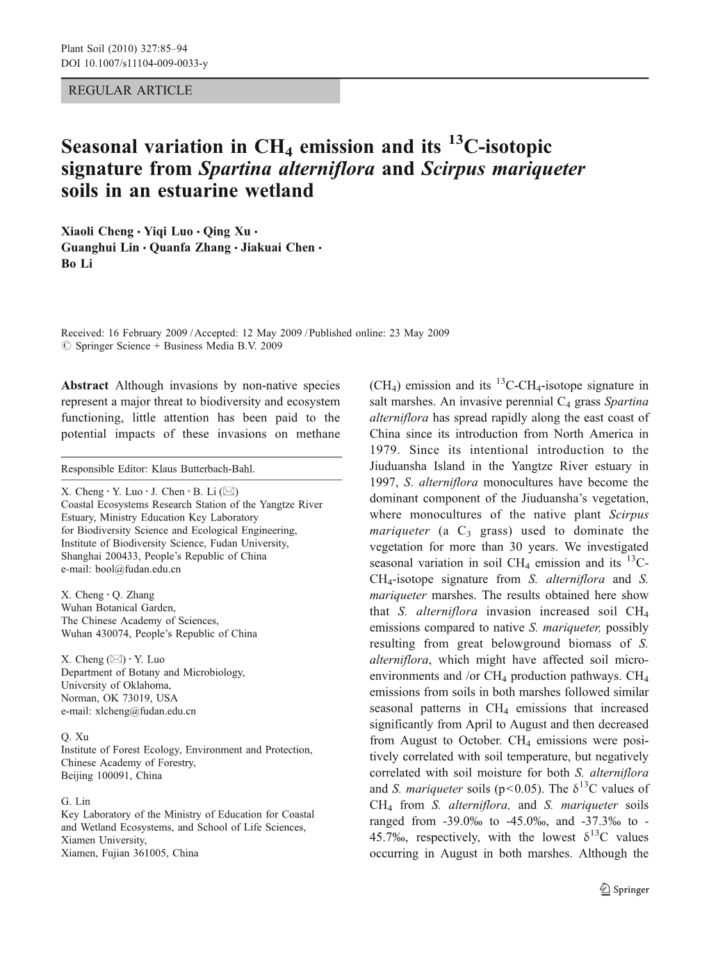 Seasonal Variation in CH4 Emission and Its C-Isotopic Signature from Spartina Alterniflora and Scirpus Mariqueter Soils in an Estuarine Wetland