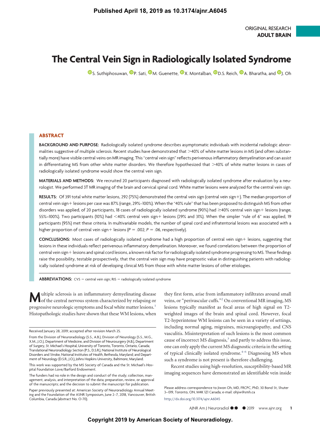 The Central Vein Sign in Radiologically Isolated Syndrome