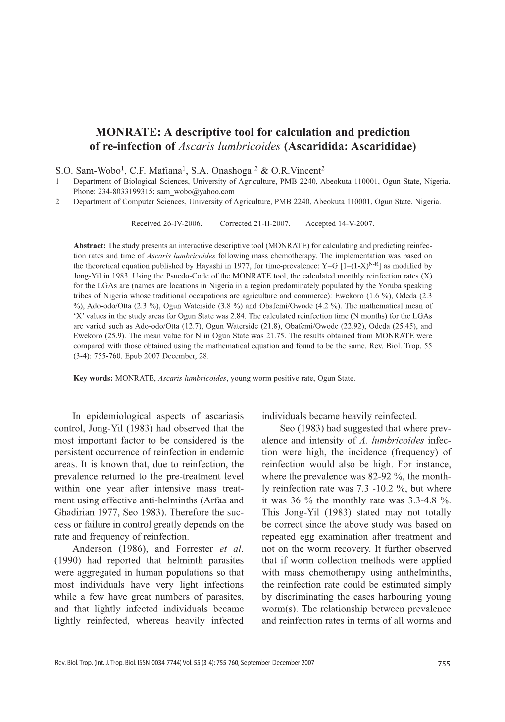 A Descriptive Tool for Calculation and Prediction of Re-Infection of Ascaris Lumbricoides (Ascaridida: Ascarididae)