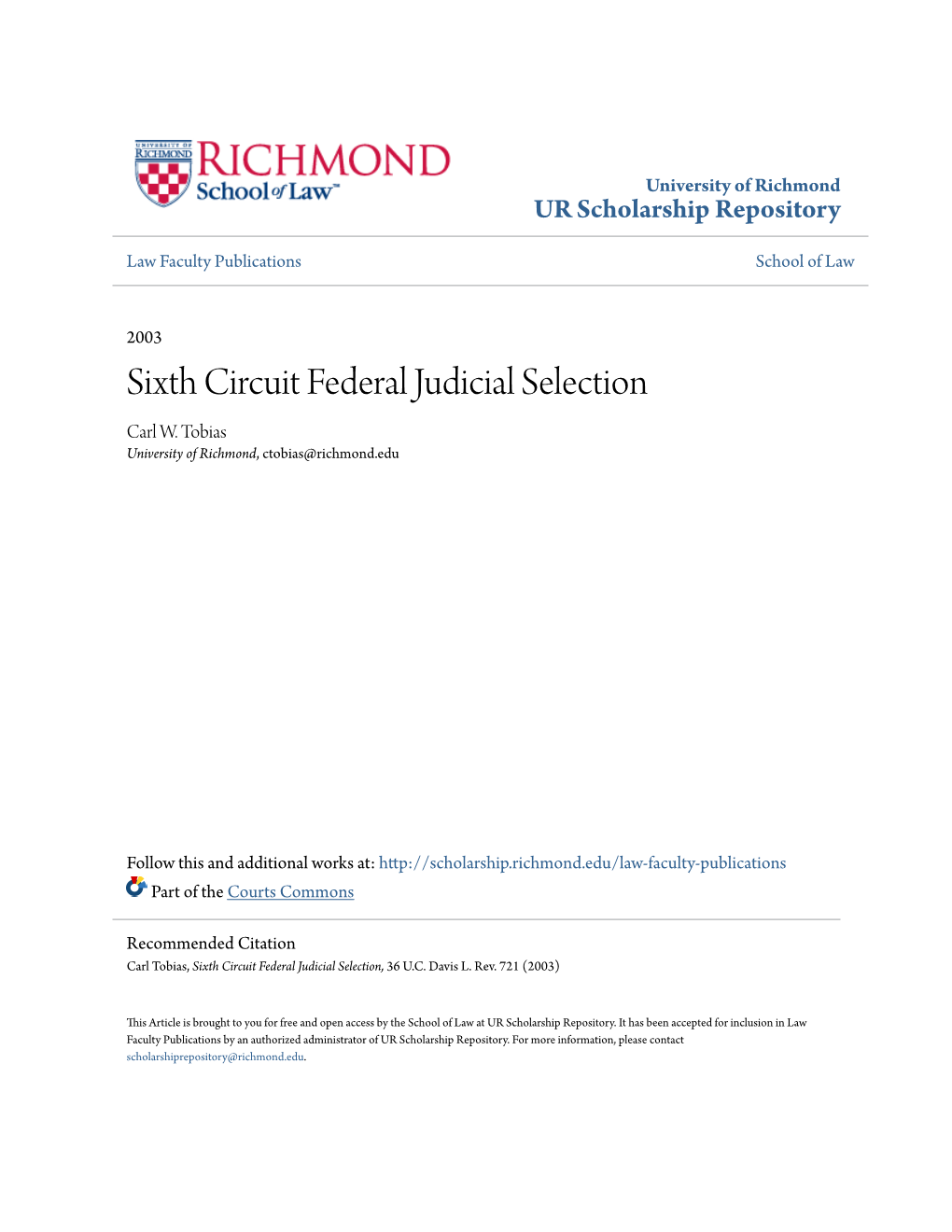 Sixth Circuit Federal Judicial Selection Carl W