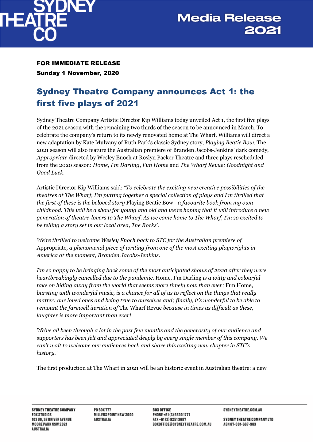 Sydney Theatre Company Announces Act 1: the First Five Plays of 2021