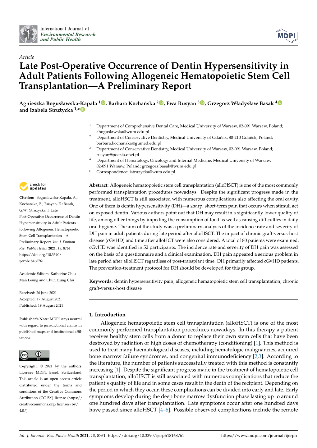 Late Post-Operative Occurrence of Dentin Hypersensitivity in Adult Patients Following Allogeneic Hematopoietic Stem Cell Transplantation—A Preliminary Report