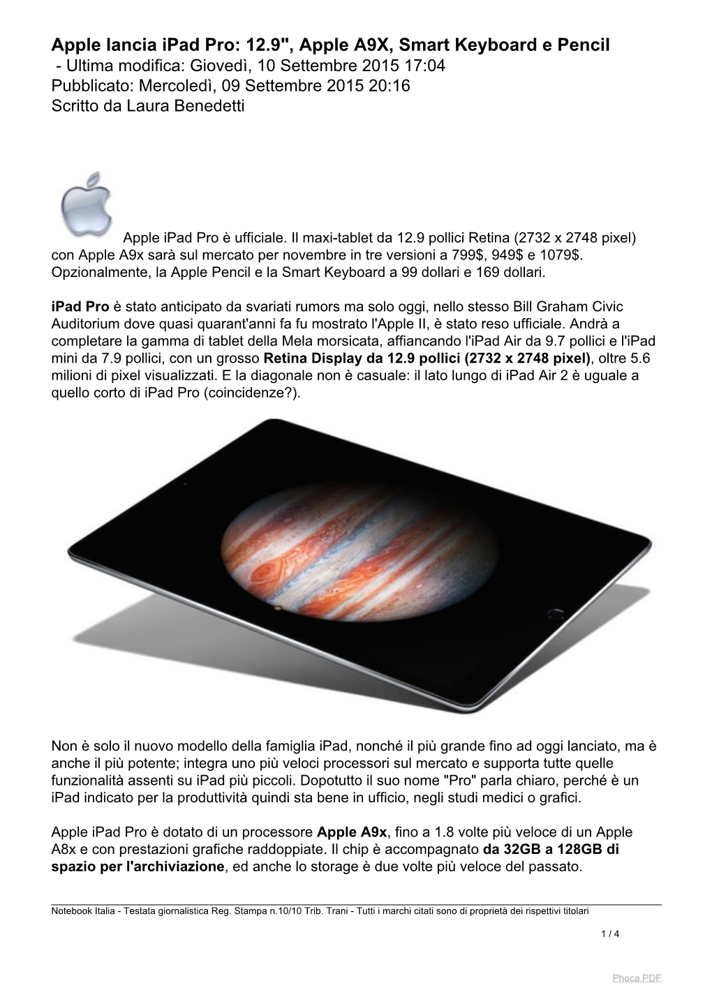 Apple Lancia Ipad Pro: 12.9