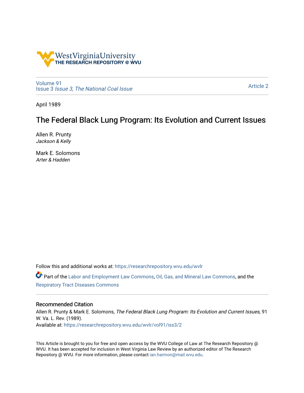 The Federal Black Lung Program: Its Evolution and Current Issues