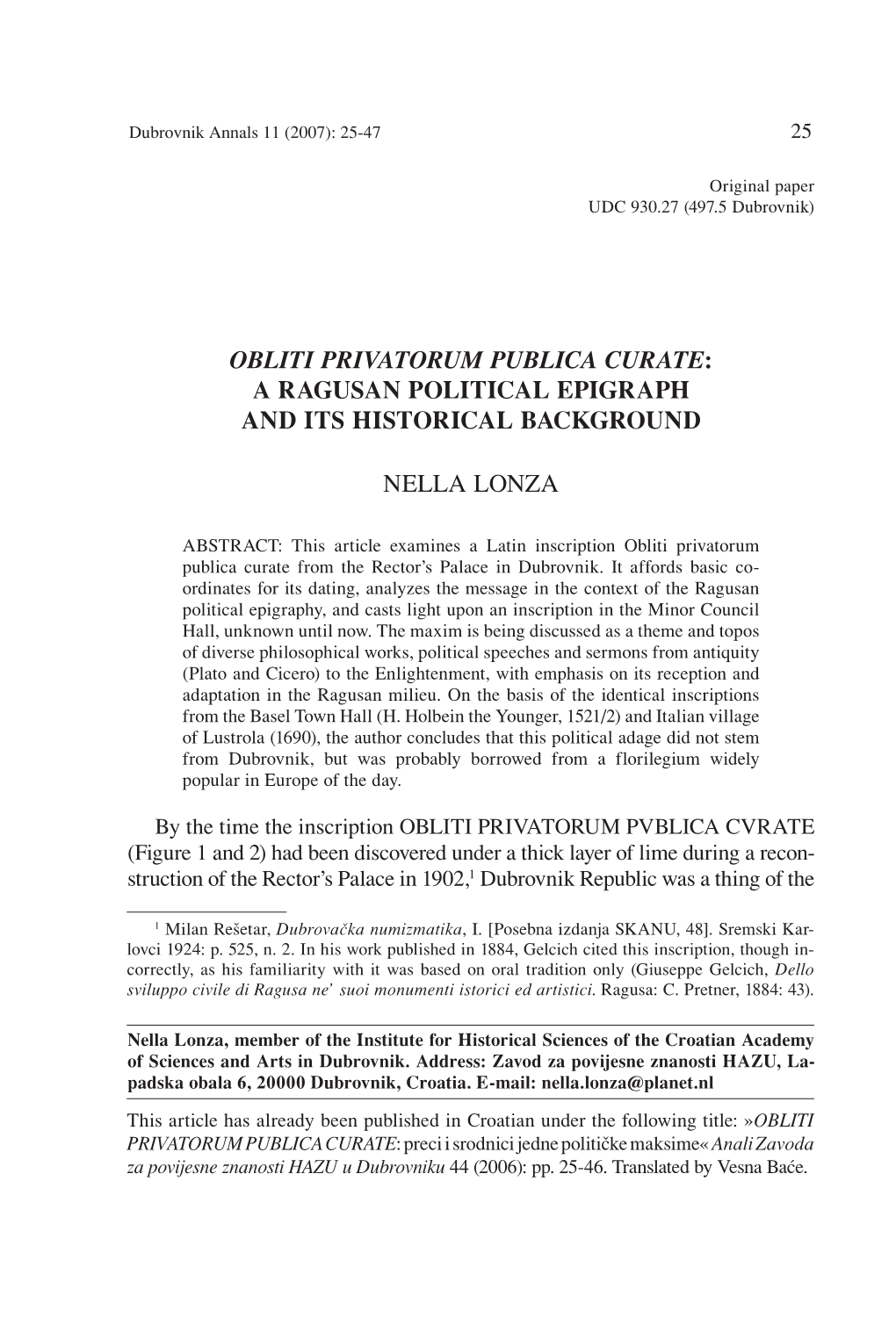 Obliti Privatorum Publica Curate: a Ragusan Political Epigraph and Its Historical Background