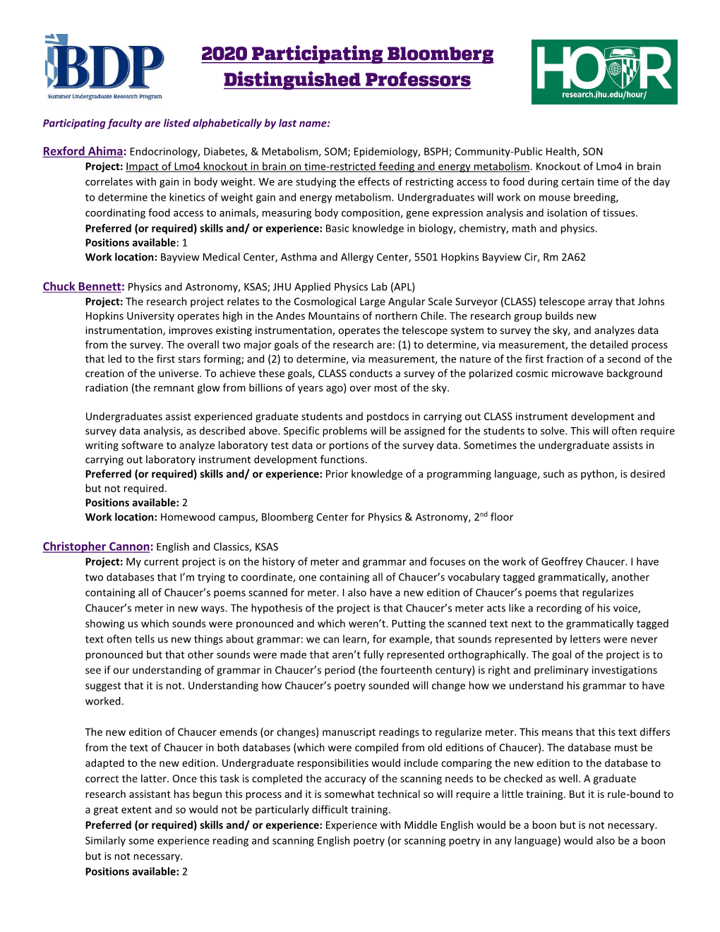 2020 Participating Bloomberg Distinguished Professors